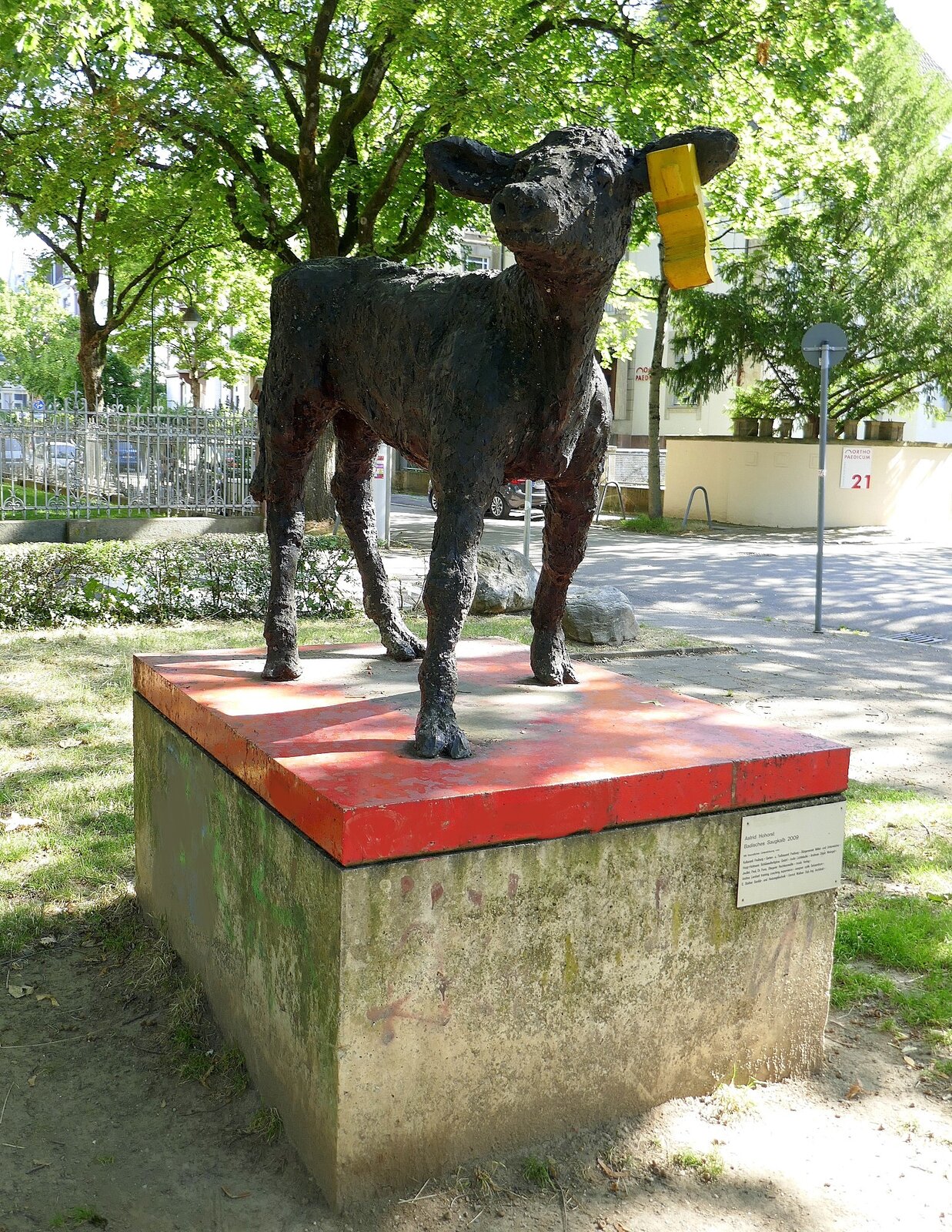 Freiburg, das  Badische Saugkalb  von Astrid Hohorst wurde 2009 im Stadtteil Wiehre aufgestellt, Juli 2023