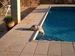 Durstige Katze  Mopsy  schlabbert aus dem Pool.