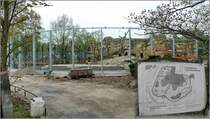 Umgestaltung der Tropenbrenfreianlage im Zoologischen Garten Berlin. Die Besucher sind an der neuen Anlage durch eine dreilagig aufgebaute Sicherheitsglasscheibe von den Tieren getrennt. Rechts unten im Bild eingeblendet, ein bersichtsplan der neuen Anlage. Zoologischer Garten Berlin, 30.04.2013  
